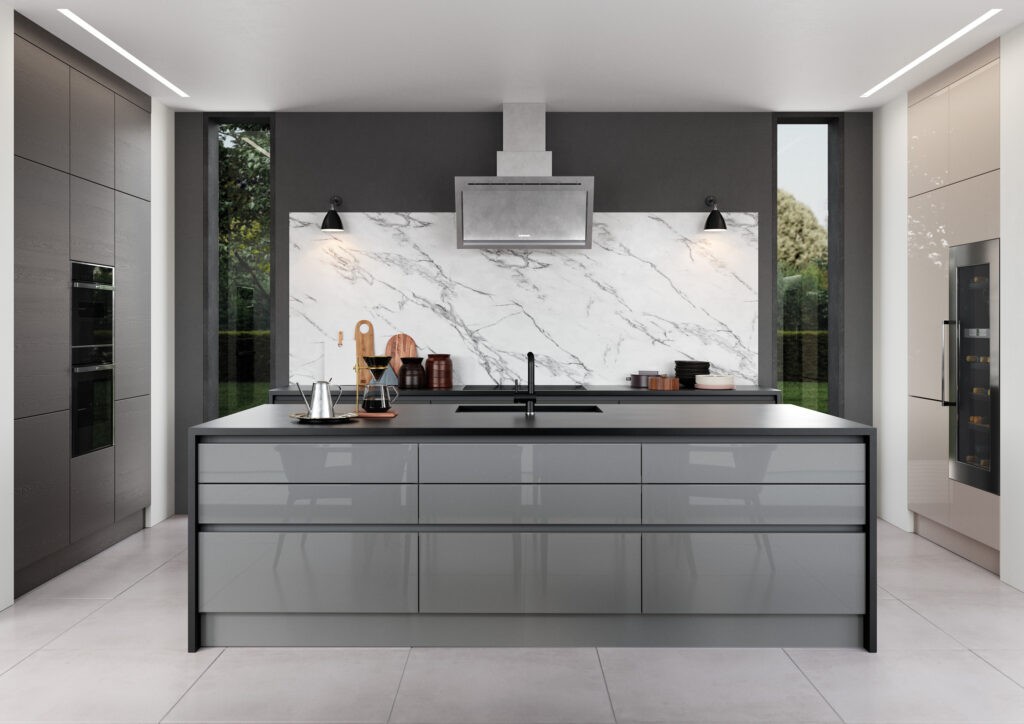 Grey gloss handleless kitchen with marble splashback and integrated extractor
