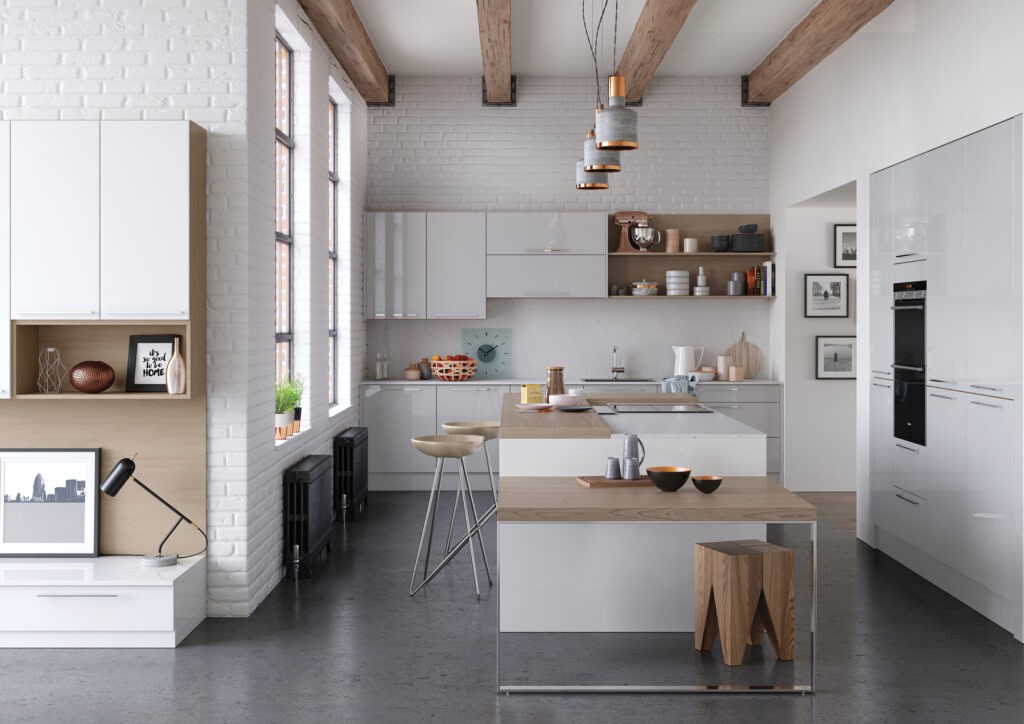 White gloss handleless kitchen with oak accents and exposed brick wall