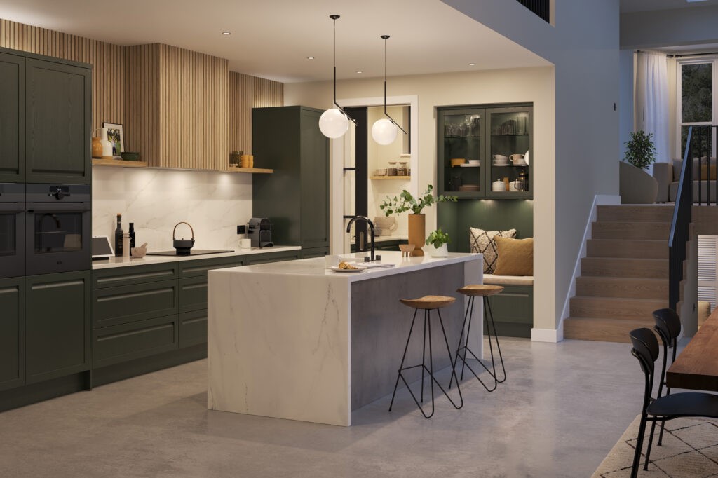Dark green kitchen with white marble waterfall island and timber slat panelling