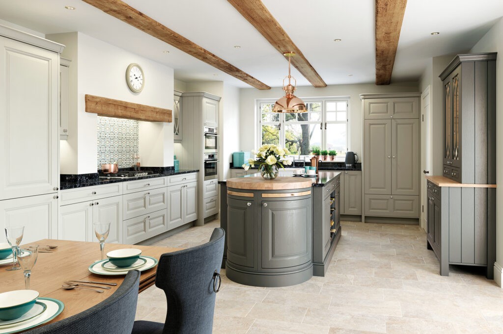 Grey shaker kitchen with curved oak-topped island and exposed ceiling beams